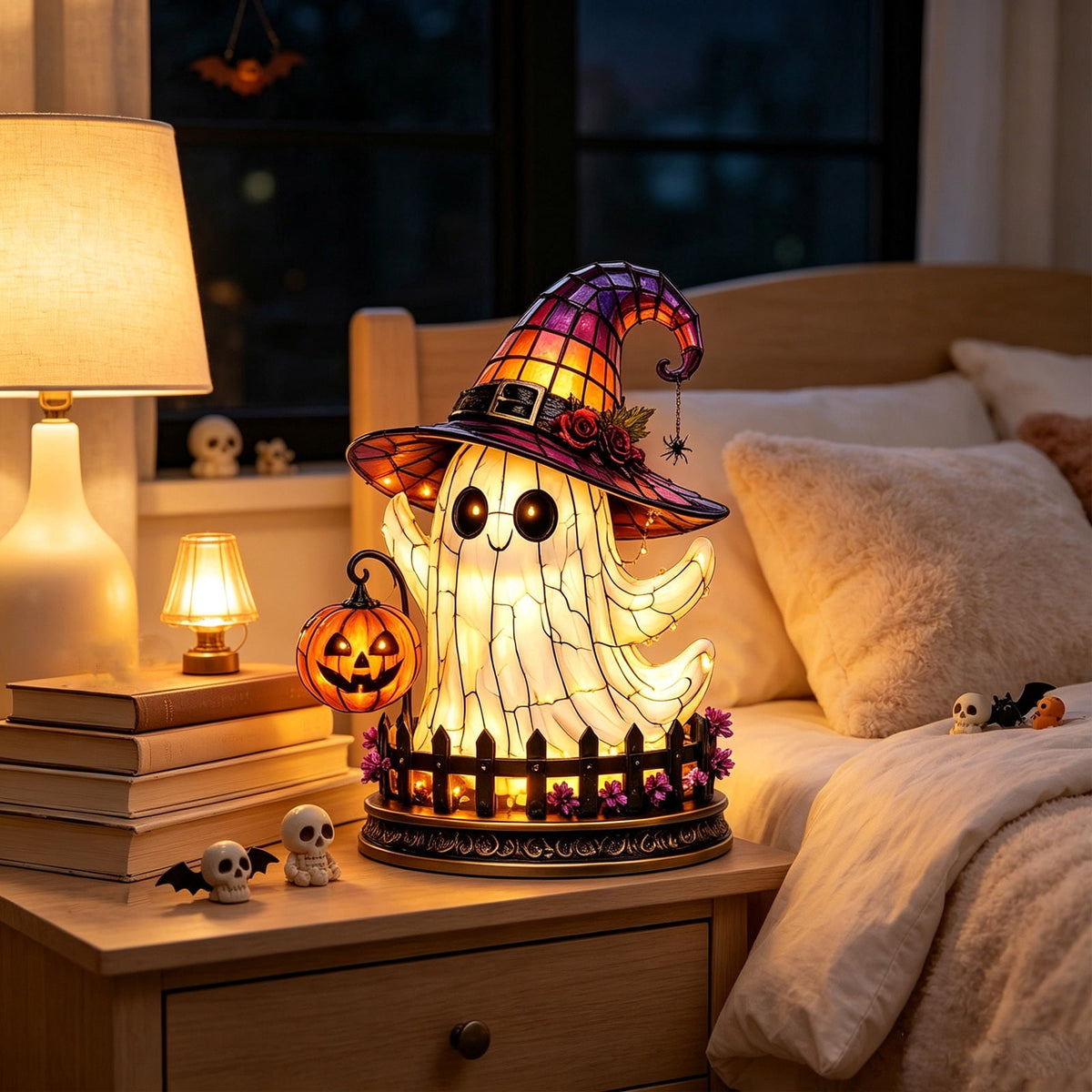 Halloween Lighted Witch Cauldron Decor Lamp, Stained Glass Witch Hat Magic Pot Night Light with Pumpkin & Potion Bottle Details, Spooky Vintage Tabletop Ornament for Mantel Living Room Party