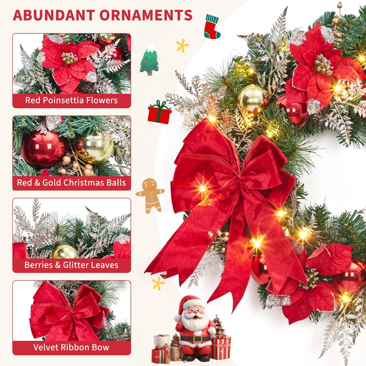 JoanKaren 24 inch Large Christmas Wreath Silver White with 20 LED Lights,Prelit Xmas Wreath w/ Ball Ornaments Pine Cone