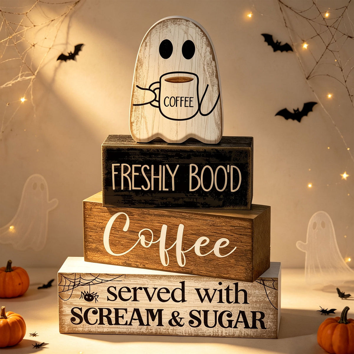 4 Pcs Halloween Decorations Table Decor Coffee Ghost Wooden Sign Halloween Tiered Tray Decor Farmhouse Ghost Tabletop Centerpiece Decorative Coffee Bar Block Signs for Home Office Kitchen Shelf