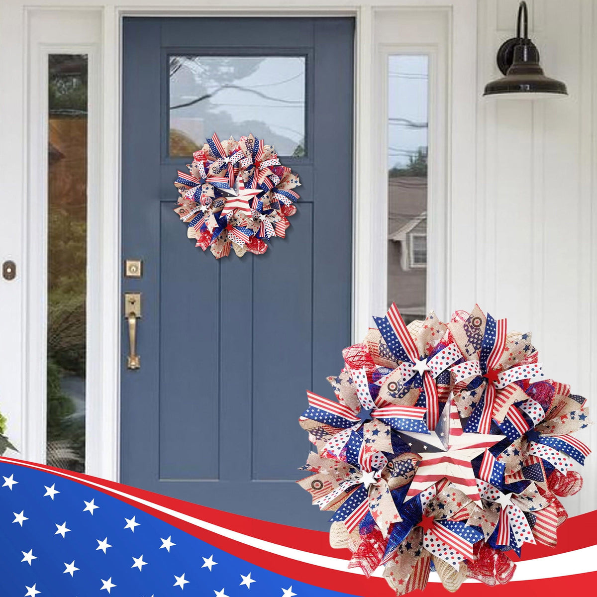Nkmbld 4th of July Wreaths for Front Door, Independence Day Wreath Red White Blue Flower Wreath for Independence Day Memorial Day Flag Day Decor