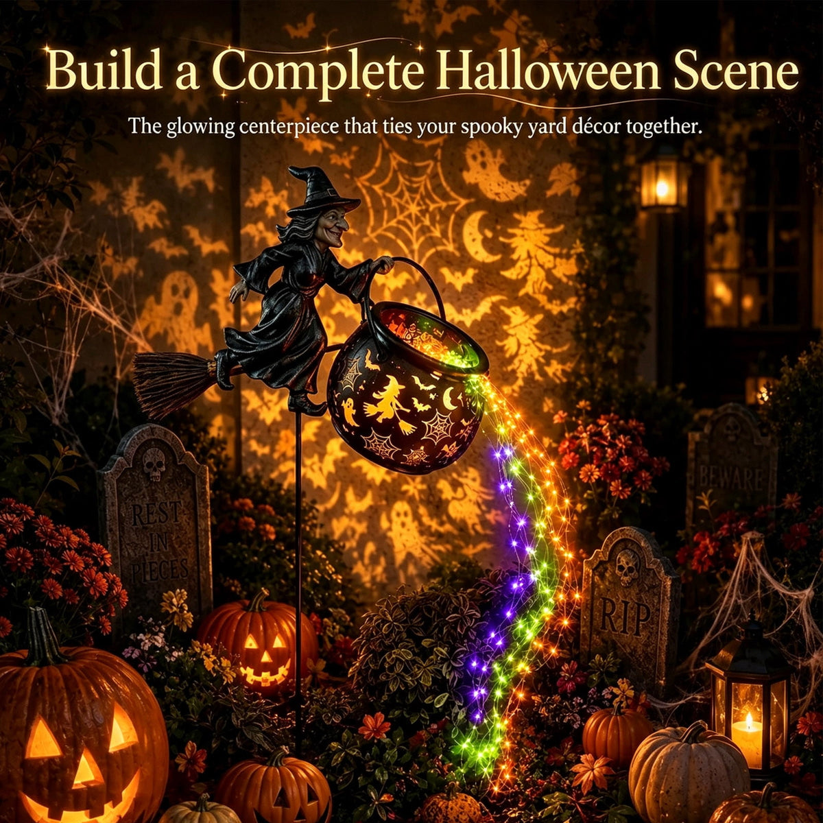 Solar Halloween Garden Stake Light, Bats & Spooky Ghosts Waterproof Solar Lantern Stake with Hanging Pumpkin, Outdoor Halloween Yard Decor for Garden Patio Lawn Pathway