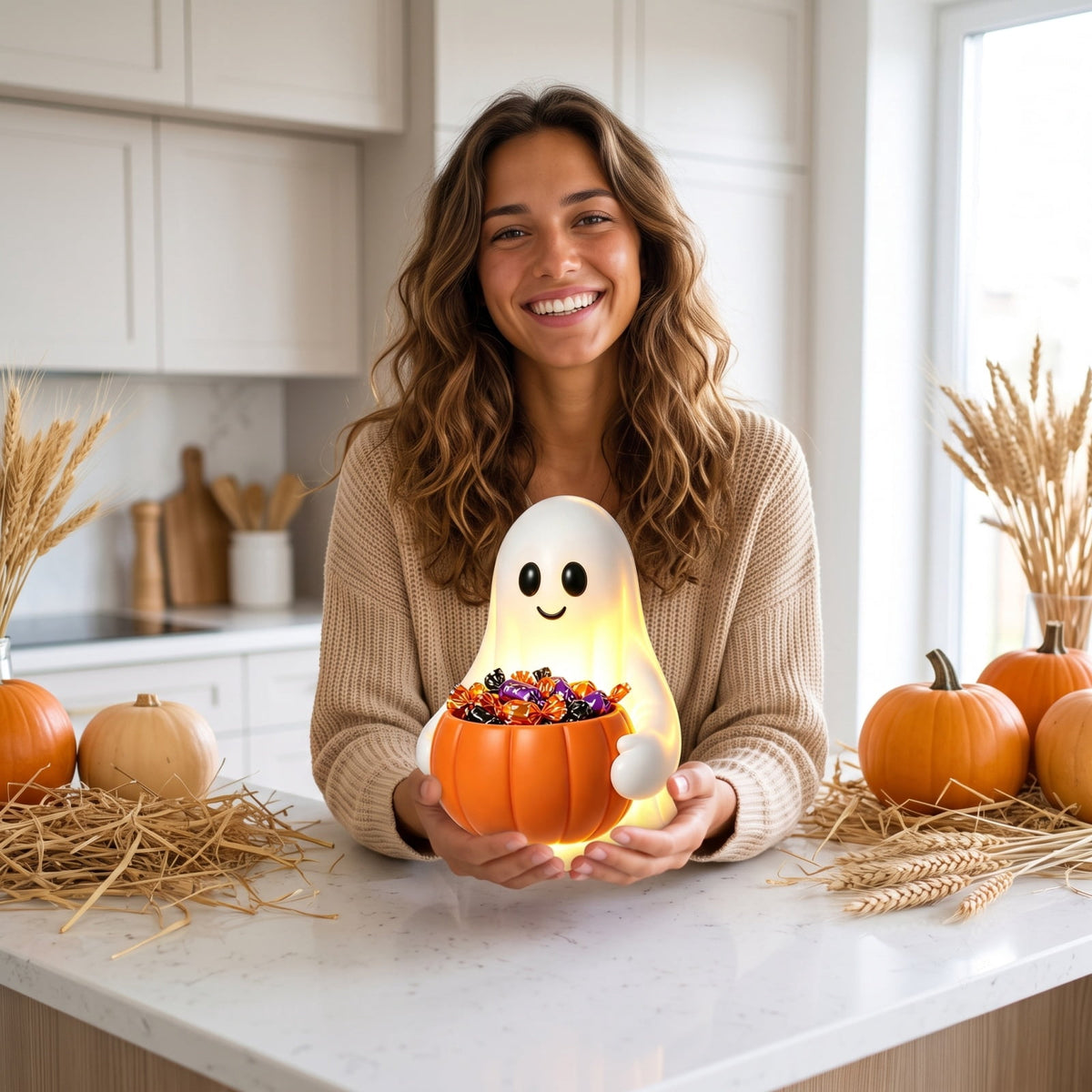 Lighted Halloween Ghost Candy Bowl, Cute LED Ghost Holding Pumpkin Candy Bucket for Trick or Treat, Outdoor Halloween Decorations for Front Porch, Indoor Yard Patio Halloween Decor