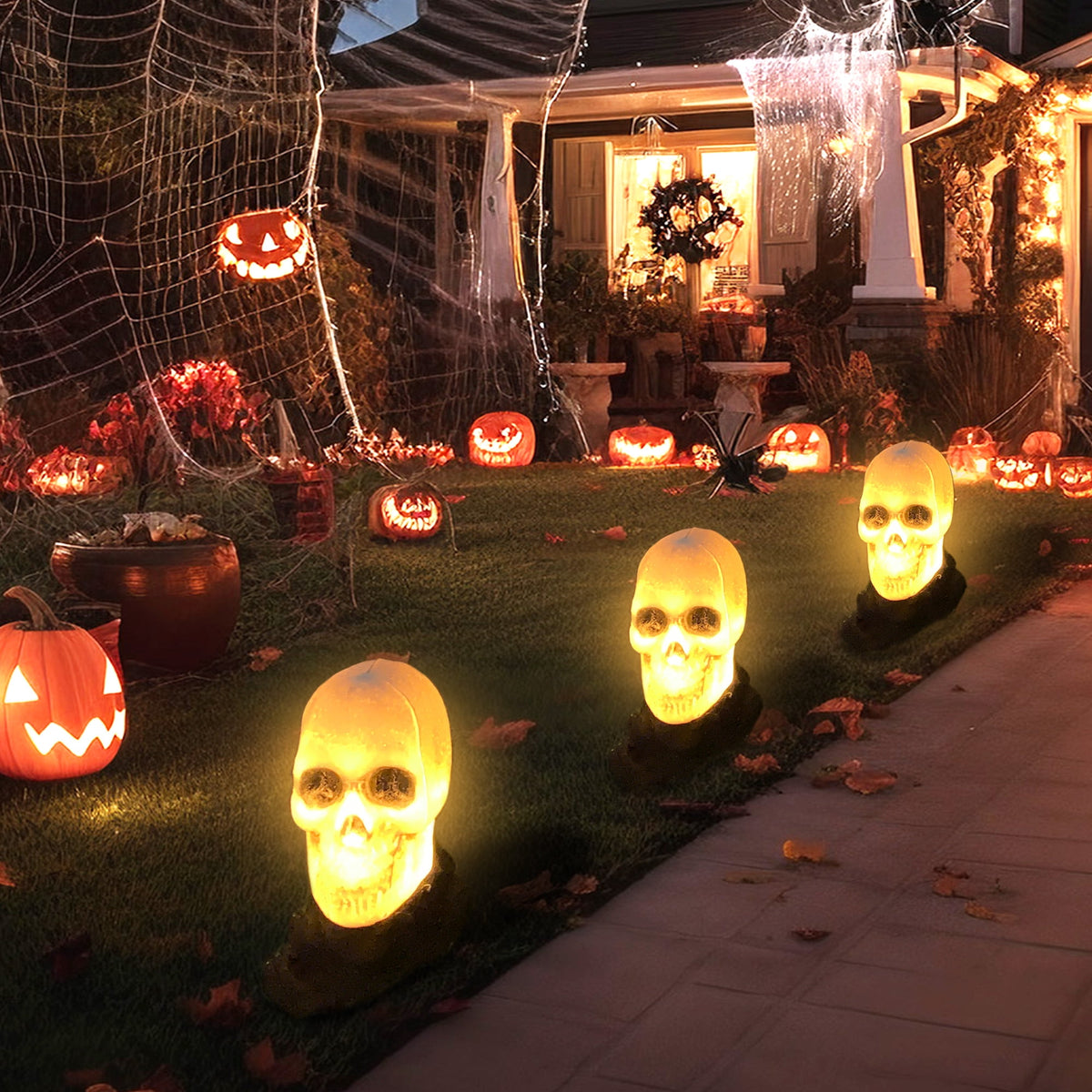 Joyfy 3 Pack 3D Halloween Skull Head Pathway Lights Decorations Outdoor, Battery Operated Spooky Skeleton Decor with 3 Stakes for Home Front Porch Yard Decor