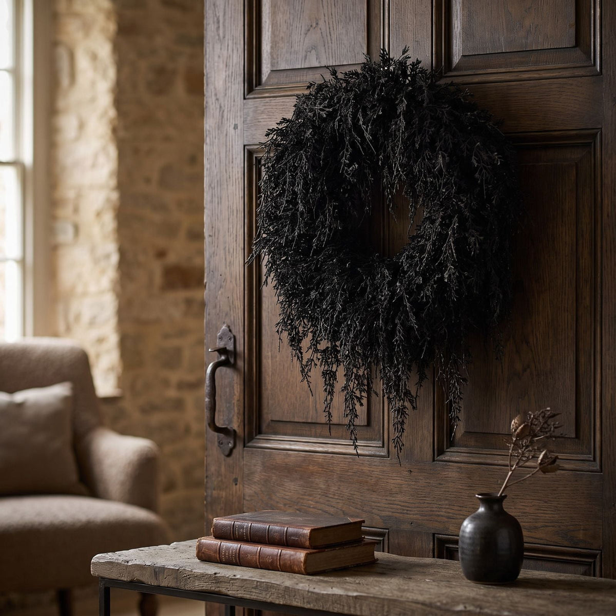 Black Halloween Wreath for Front Door, 16 Inch Twig Wreath with Velvet Bow, Gothic Fall Farmhouse Decorative Wreath for Porch Mantel Entryway Home Decor