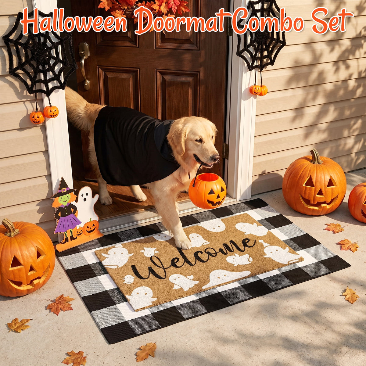 HiberyHom 2 Pcs Halloween Doormat Combo Set, 17" x 30" Ghost Halloween Welcome Doormat and 27" x 43" Black White Plaid Rug