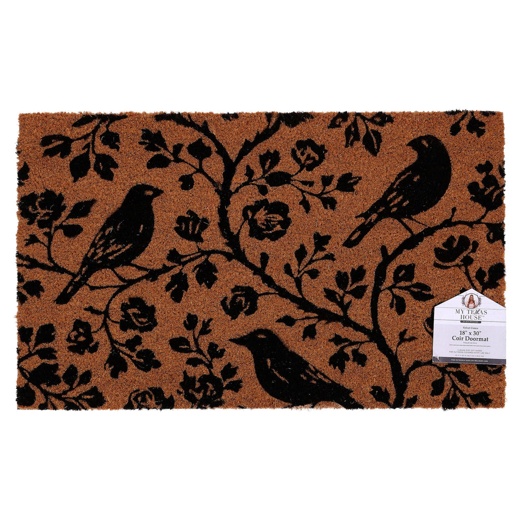 My Texas House Halloween Natural/Black Floral Bird Outdoor Coir Doormat, 30" x 48"