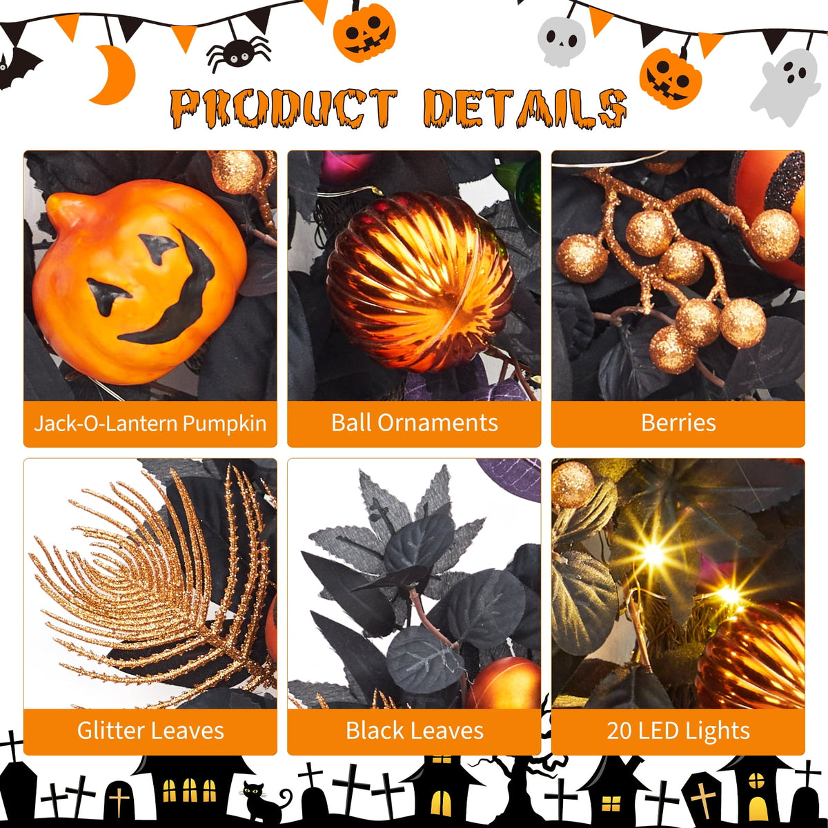 Halloween Wreath, Halloween Decorations Prelit Front Door Wreath for Indoor Wall Window Decor（18/20/22 Inch）