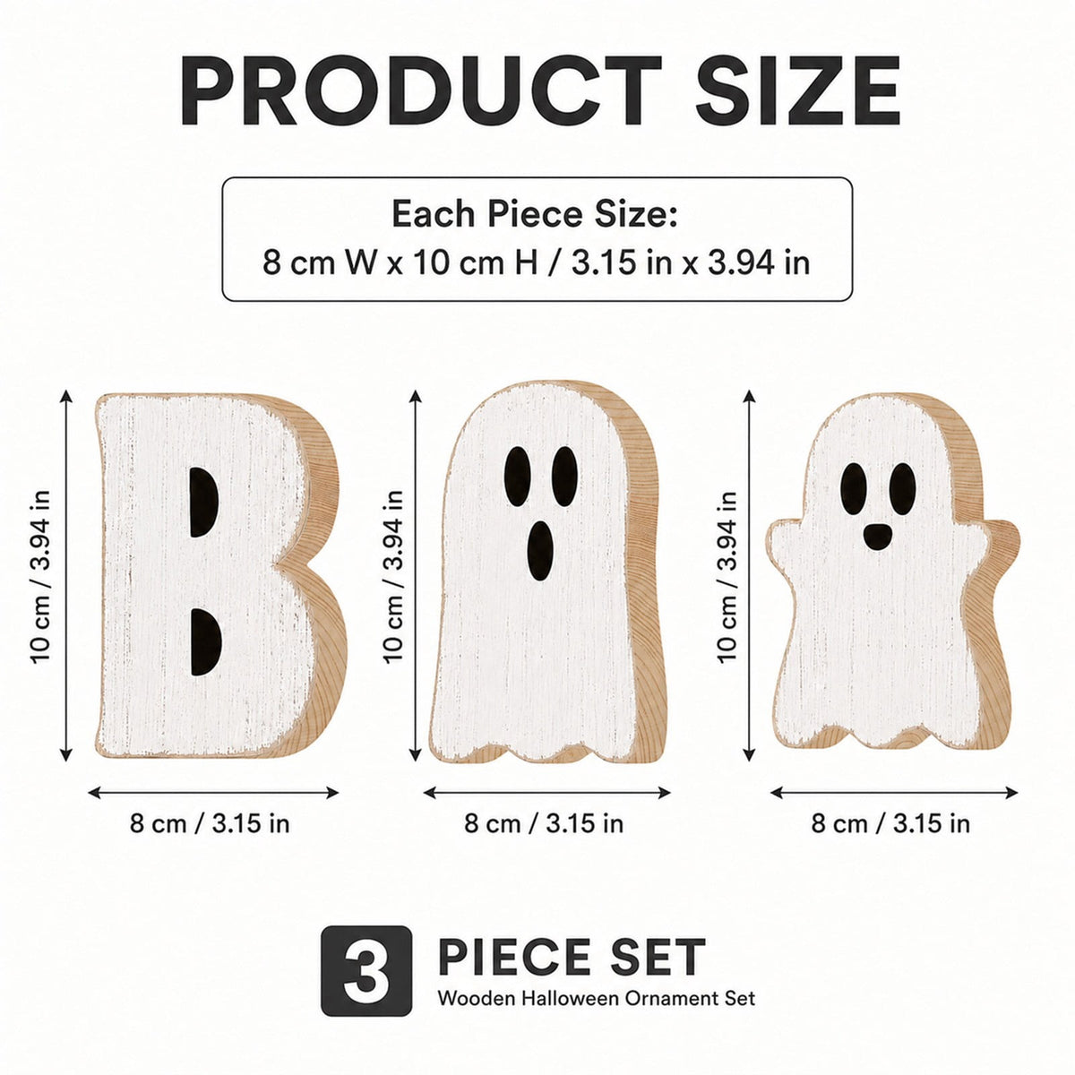 Miwamany 3 Pack Spooky Cute Ghost Wooden Figurine Set, Freestanding Lightweight Tabletop Ornament, Reusable Festival Decor for Home Kitchen Office Tiered Tray Halloween Centerpiece