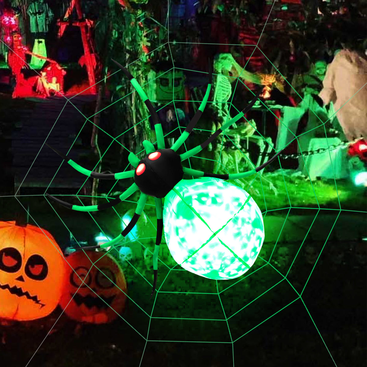 Patiojoy Halloween Inflatable Spider with Cobweb Creepy Blow-up Spider with LED Rotating LED Light Green Black Legs Waterproof Halloween Decoration