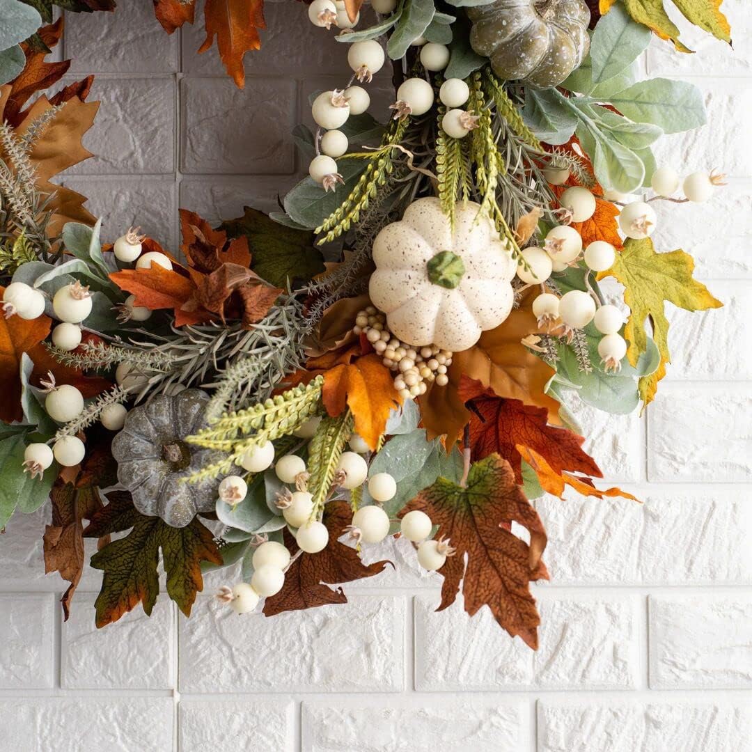 KOMI 2024 Fall Peony and Pumpkin Wreath for Front Door - Year Round Durable Farmhouse Wreath with Maple Leaves, Berries, Pinecones, and Pumpkins for Thanksgiving, Halloween, and Seasonal Home Decor