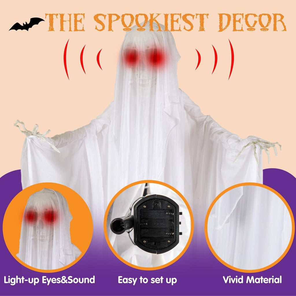 Joyfy Halloween Decorations Outdoor, 72"(6ft) Light Up Animated Scary Decorations Pumpkin Ghost with Sound Activation,Animatronics Pumpkin Decorations for Haunted House Prop Yard Decor