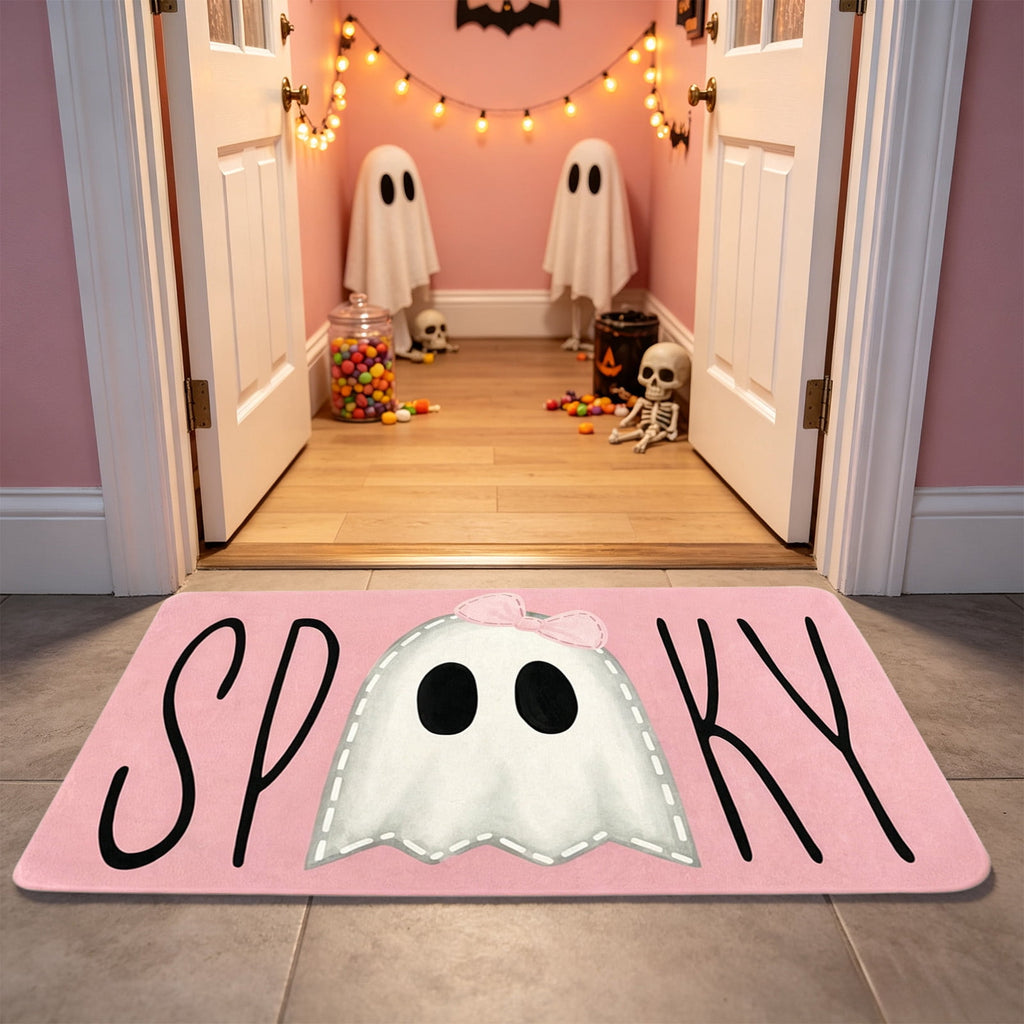 Halloween Decoration Indoor Outdoor Clearance Under $15.00! P-ink Ghost Halloween Doormat Non-Slide Front Door Mat Spooky Cute Ghost Welcome Rug For Indoor Outdoor Porch Patio Entryway Fall Decor