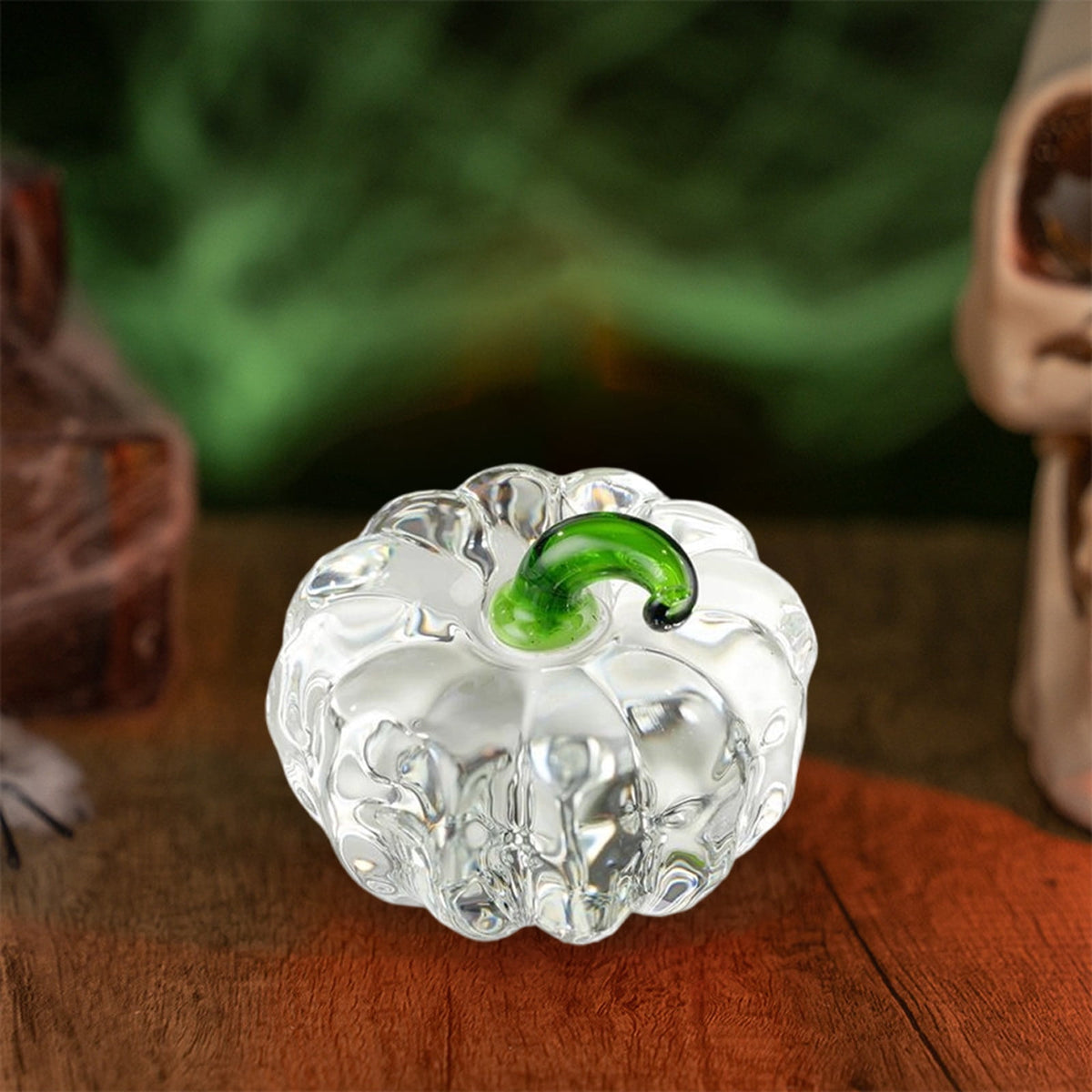 Fall Decor Mini Blue Hand Blown Glass Pumpkin Figurine Transparent Crystal Pumpkin with Green Stem Art Glass Fruit Tabletop Decor for Home Office Shelf Thanksgiving Halloween Gift