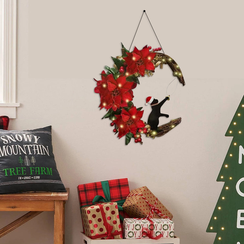 Christmas Tree Prelit Farmhouse Wreaths For Front Door Wall Ornament Moon Wreath With Cat Flowers With Rose Garland Decorations For Indoor Outdoor Window Christmas Decorations Clearance