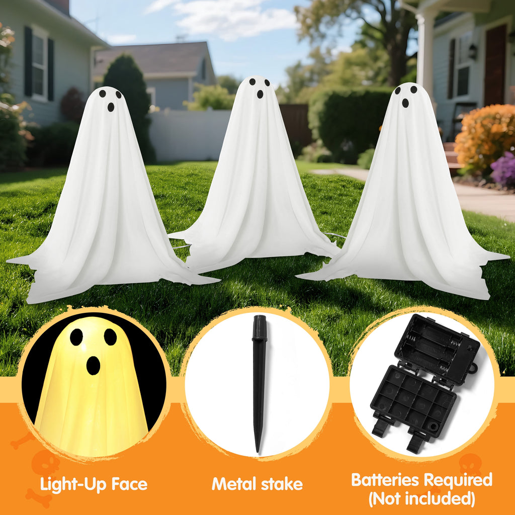 Joyfy 3 Packs Halloween Ghost Decorations Outdoor, Light Up Flying Ghost Pathway Lights， Battery Operated Watereproof Ghost Deocr with 3 Stakes, Halloween Yard Front Porch Haunted House Decorations