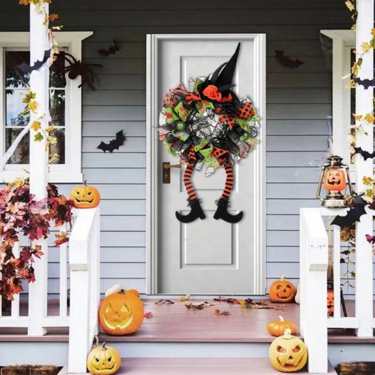 Halloween Wreaths, Halloween Decorations Witch Hat and Legs Wreath, Front Door Wall Light up Wreath Ornaments Holiday Party Halloween Thanksgiving Decor