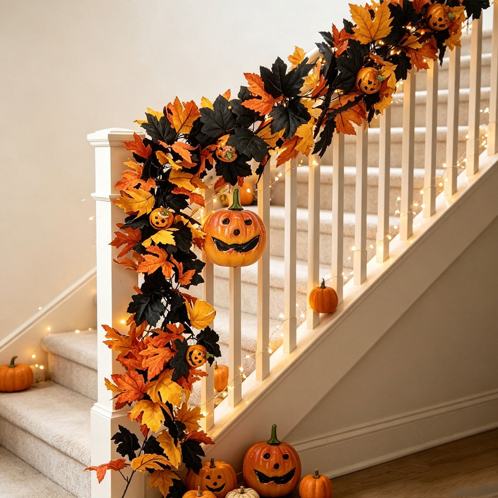 Chmadoxn 78.74" Halloween Thanksgiving Maple Leaf Garland with Mini Pumpkins & Berries, Artificial Fall Leaves Vine for Mantel Staircase Porch, Autumn Harvest Hanging Home Decor