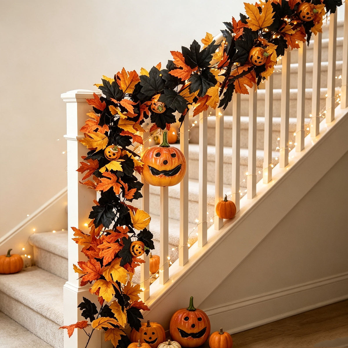 Chmadoxn 78.74" Halloween Thanksgiving Maple Leaf Garland with Mini Pumpkins & Berries, Artificial Fall Leaves Vine for Mantel Staircase Porch, Autumn Harvest Hanging Home Decor