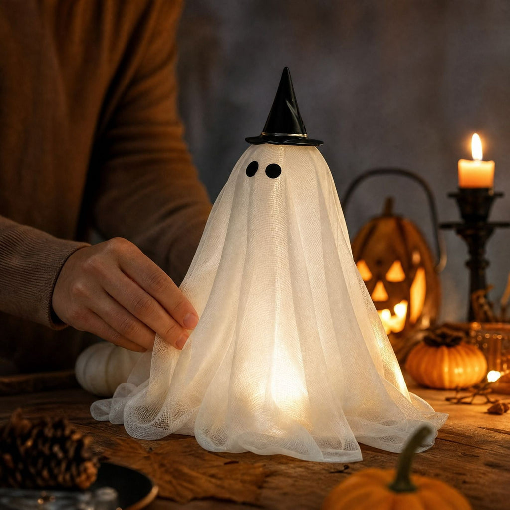 Lighted Halloween Ghost Candy Bowl, Cute LED Ghost Holding Pumpkin Candy Bucket for Trick or Treat, Outdoor Halloween Decorations for Front Porch, Indoor Yard Patio Halloween Decor