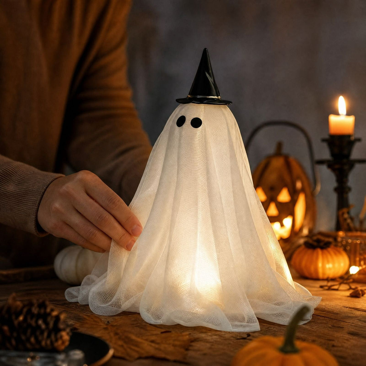 Lighted Halloween Ghost Candy Bowl, Cute LED Ghost Holding Pumpkin Candy Bucket for Trick or Treat, Outdoor Halloween Decorations for Front Porch, Indoor Yard Patio Halloween Decor