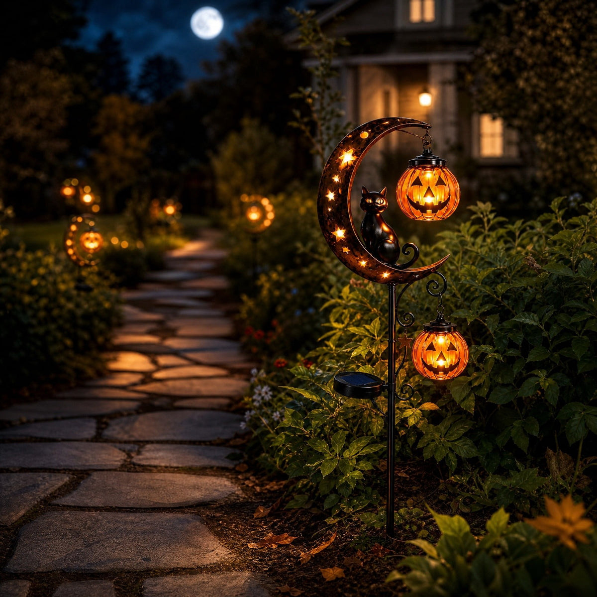 Clearance Halloween Solar Black Cat & Pumpkin Moon Garden Stake Light, Outdoor Waterproof LED Yard Decoration with Crescent Moon, Hanging Jack-o'-Lantern Lantern for Garden, Patio, Walkway, Porch