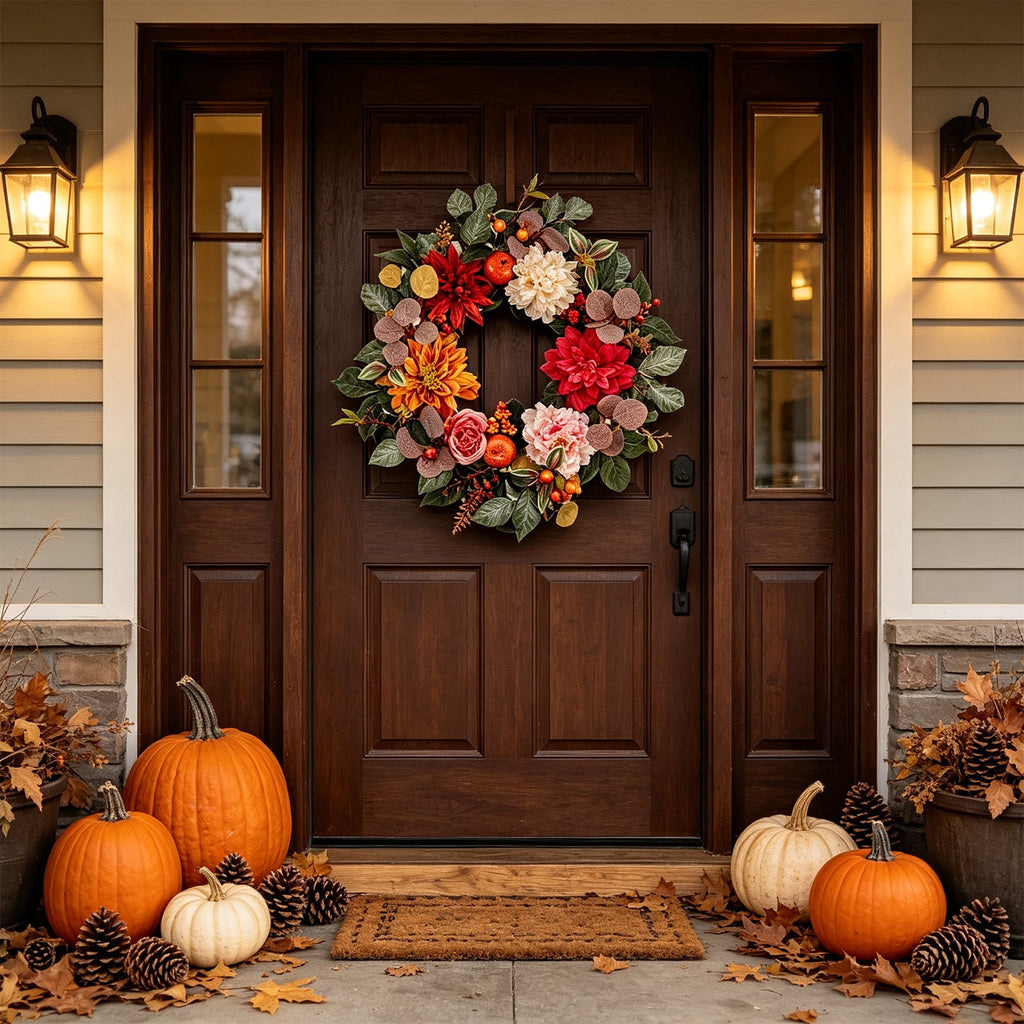ICQOVD Halloween Pumpkin Maple Leaf Wreath with Skeleton Ornament Orange Black Bow Front Door Hanging Fall Home Decoration 15.75*15.75*3.15IN