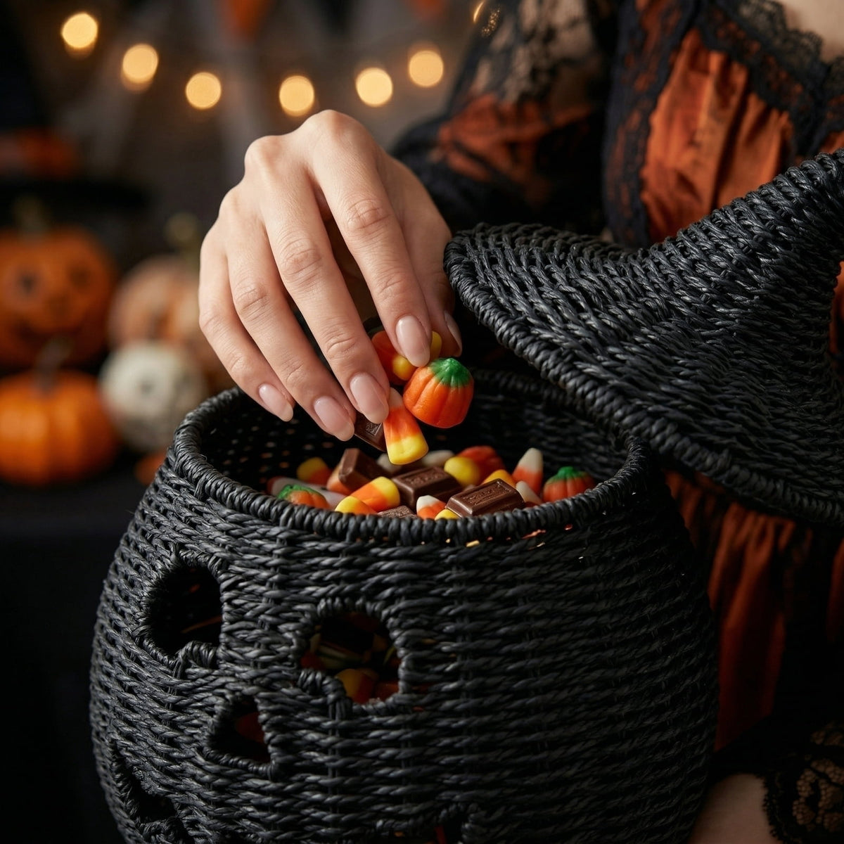 THOPBPRK 2026 Black Halloween Woven Pumpkin Jack-O'-Lantern, Halloween Decorations Pumpkin, USE LED Candle, Rattan Fall Halloween Decor for Home, 1Pack 11.8 Inch A