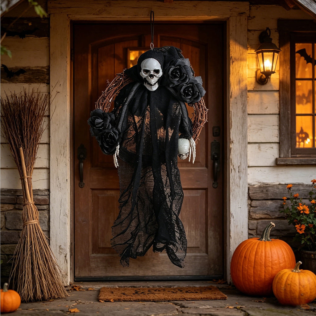 Halloween Ghost Decor Halloween Wreath for Front Door Spooky Gothic Halloween Rattan Wreath with Skull Rose Halloween Skeleton Decoration for Indoor Outdoor Porch Wall Home Decor
