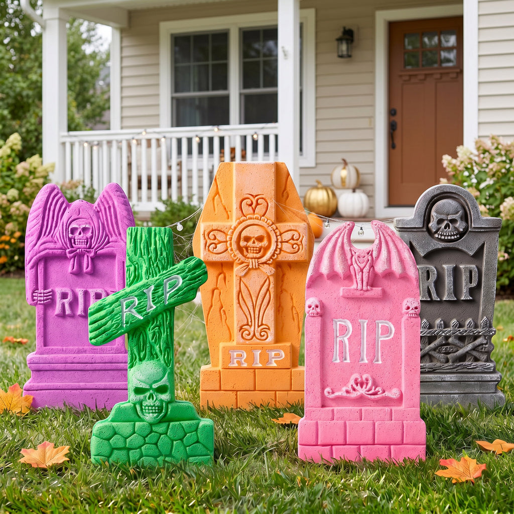 Joyfy 5 Pack Halloween Tombstone Outdoor Decorations,17 Inch Foam RIP Cemetery Headstone Decoration and 12 Halloween Yard Lawn Decoration Metal Stakes