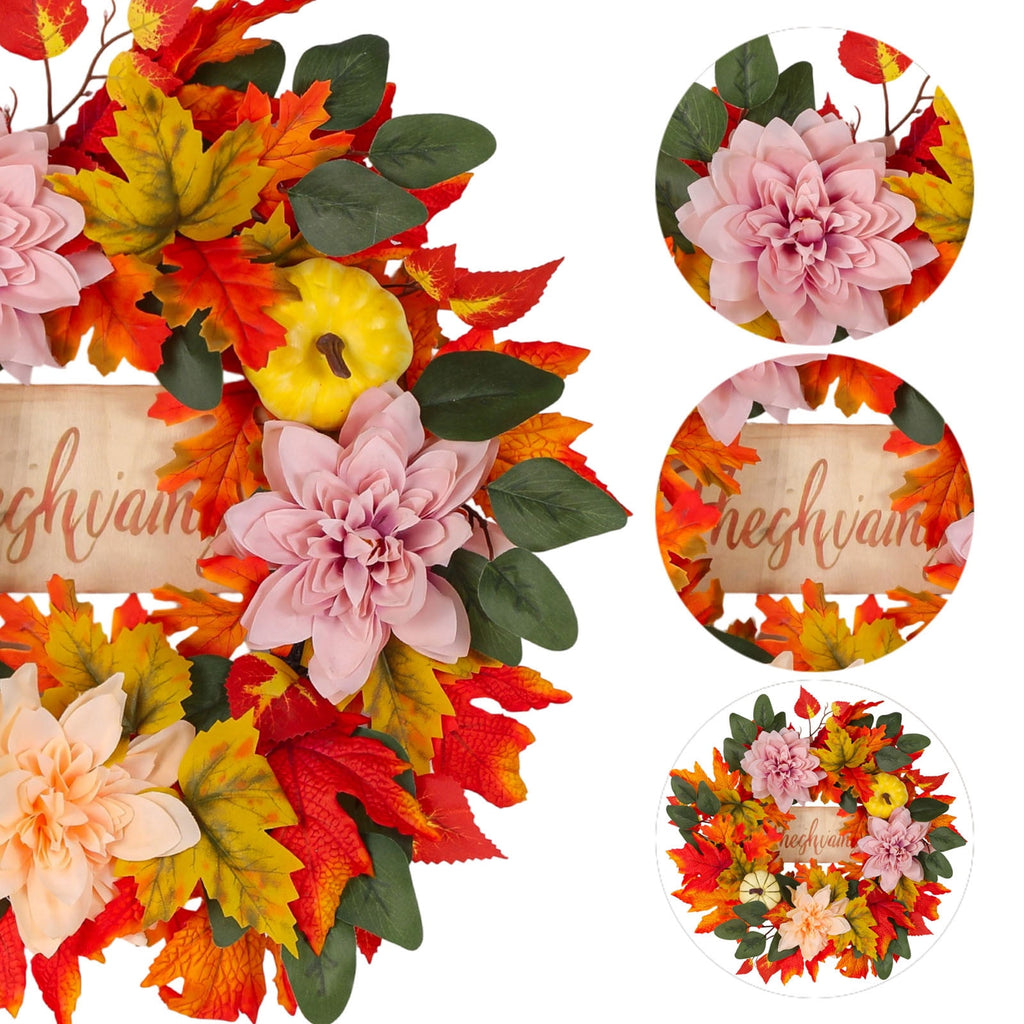 ICQOVD Halloween Pumpkin Maple Leaf Wreath with Skeleton Ornament Orange Black Bow Front Door Hanging Fall Home Decoration 15.75*15.75*3.15IN