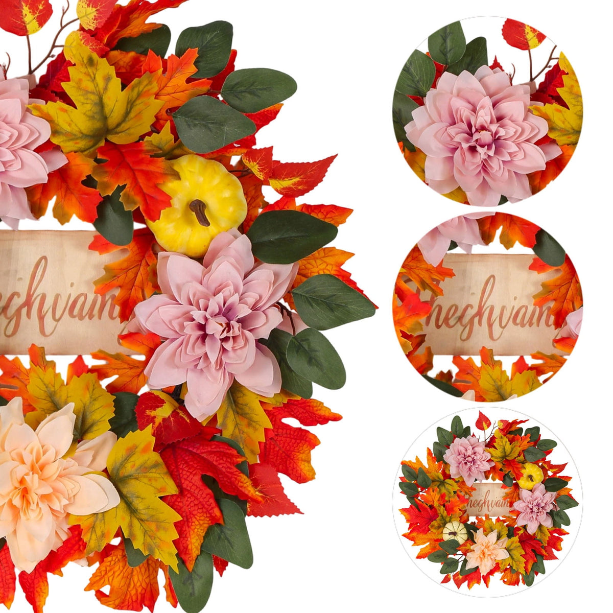 ICQOVD Halloween Pumpkin Maple Leaf Wreath with Skeleton Ornament Orange Black Bow Front Door Hanging Fall Home Decoration 15.75*15.75*3.15IN