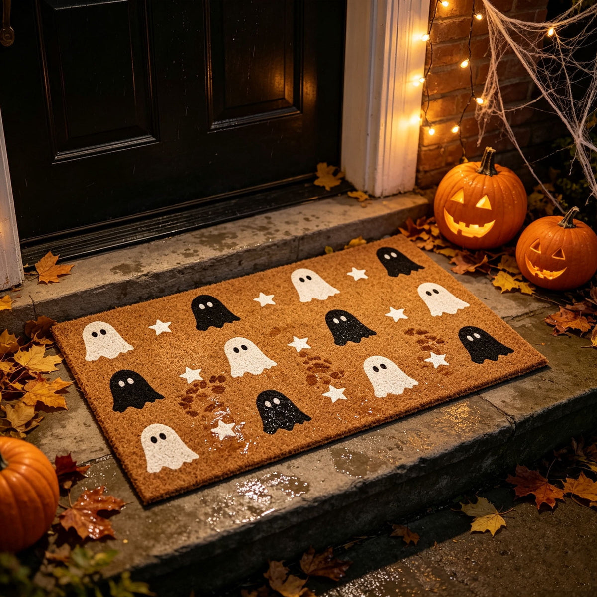 Fllostpr Halloween Pumpkin & Crow Welcome Doormat for Front Door, Non-Slip Vintage Brown Coir Floor Mat for Outdoor Porch Entryway Decor,16x24 Inch
