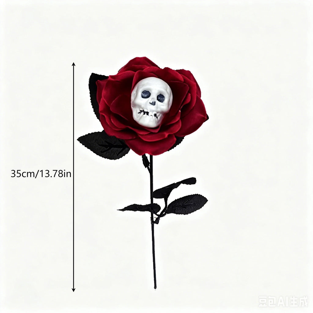 Halloween Artificial Rose Flower with Skull Head, Fake Silk Rose Bouquet, Red or Black Roses with Mini Skull