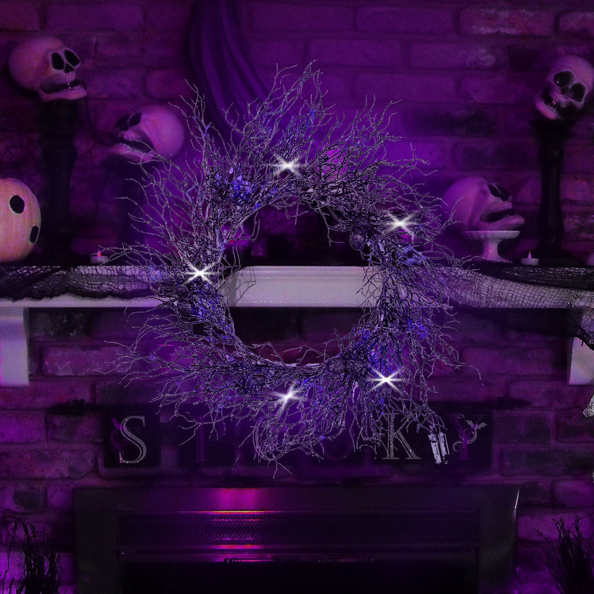 18" Lighted Halloween Wreath for Front Door - Black Spider Wreath with Purple LED Lights - Battery Powered Indoor/Outdoor Decor for Porch, Parties & Spooky Home Decor