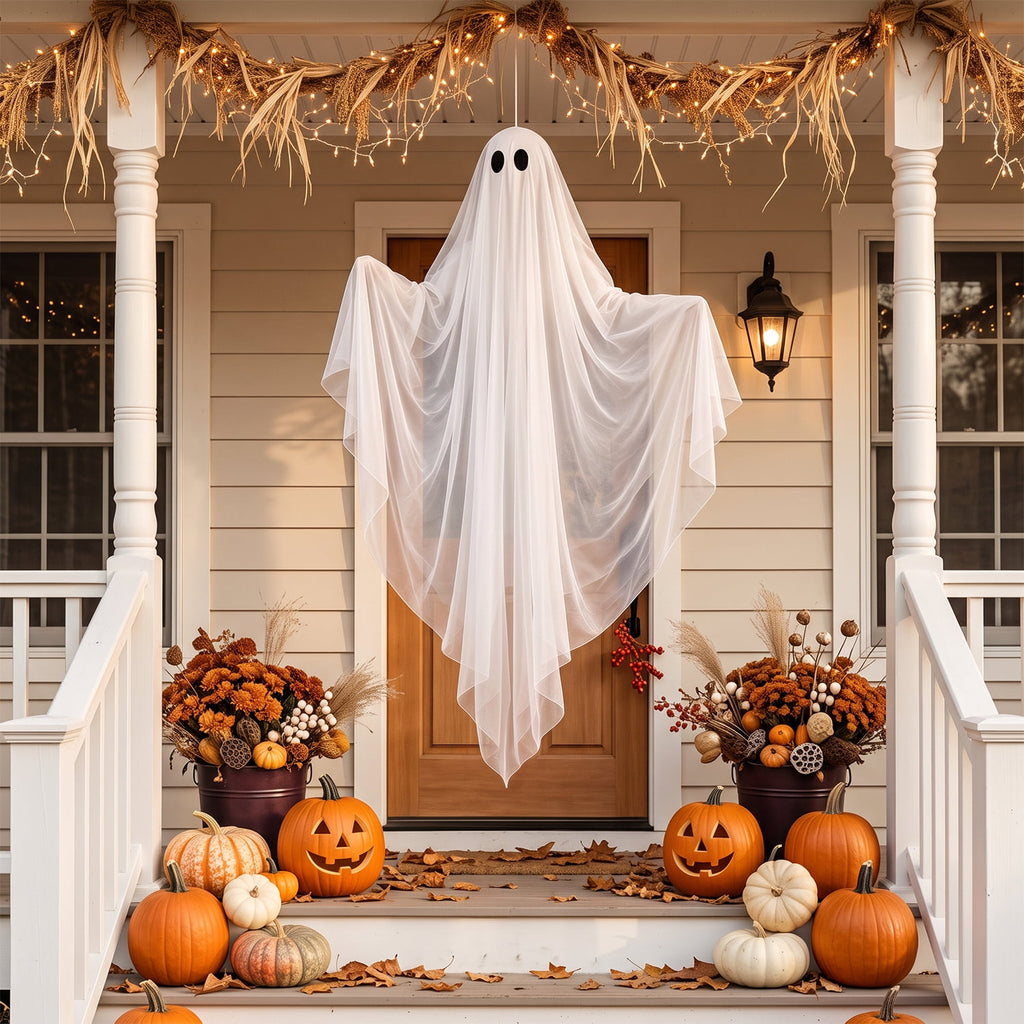 Ayieyill Halloween Ghost Decor with Blue LED Light, 47” Light up Hanging Ghost Halloween Yard Porch Decorations Outdoor