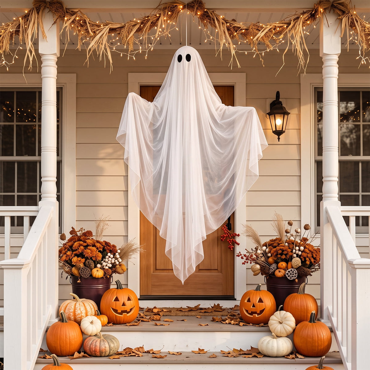 Ayieyill Halloween Ghost Decor with Blue LED Light, 47” Light up Hanging Ghost Halloween Yard Porch Decorations Outdoor