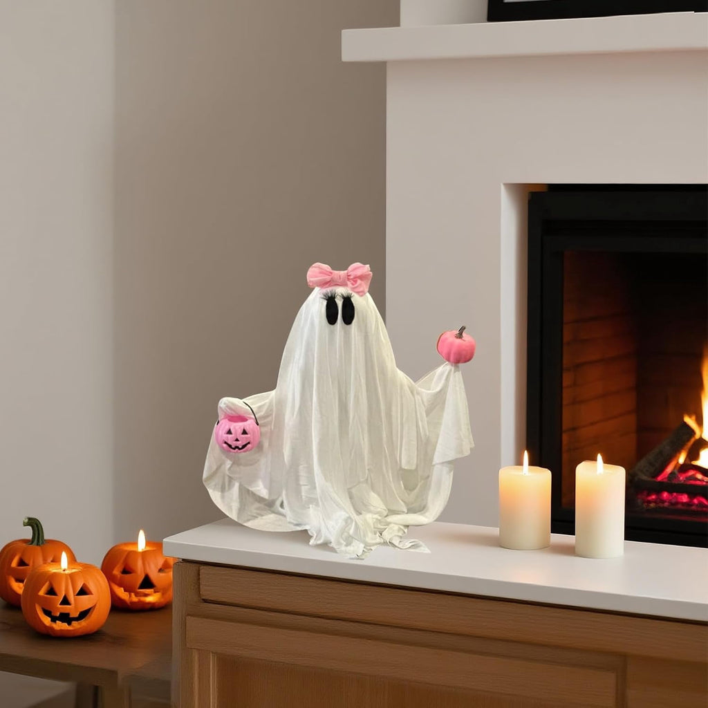 Pink Ghost Decorations Halloween Spooky Ghosts with Pink Bow Table Decor Scary Halloween Centerpiece Party Home Table Room Kitchen Office