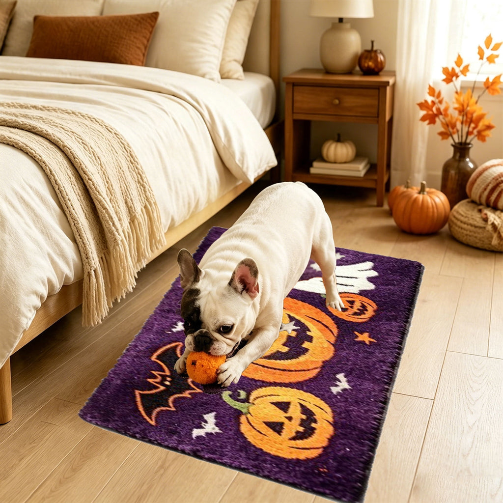 Halloween Pet Mat Faux Wool 60x40cm Black Ghost Door Mat for Dirty Feet Non Slip Entryway Rug for Dogs Cats Indoor Use