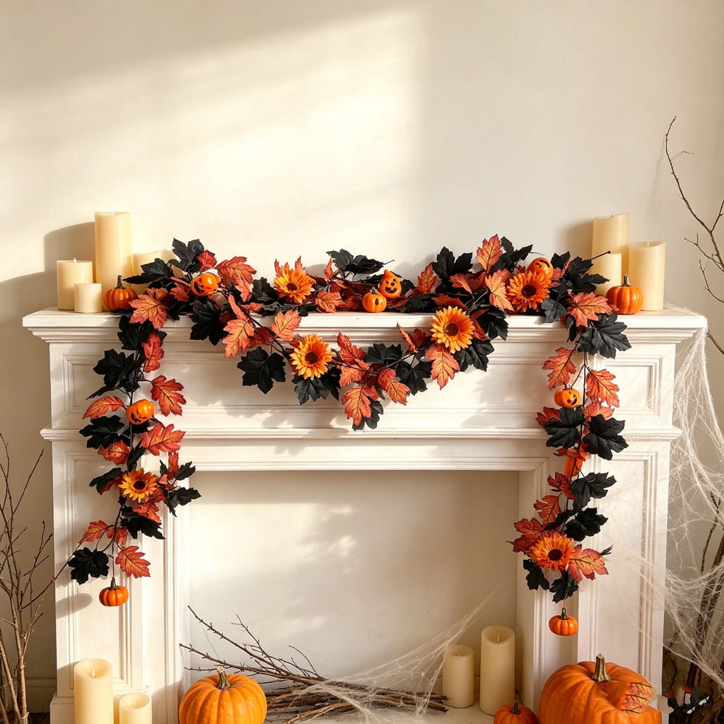 Chmadoxn 78.74" Halloween Thanksgiving Maple Leaf Garland with Mini Pumpkins & Berries, Artificial Fall Leaves Vine for Mantel Staircase Porch, Autumn Harvest Hanging Home Decor