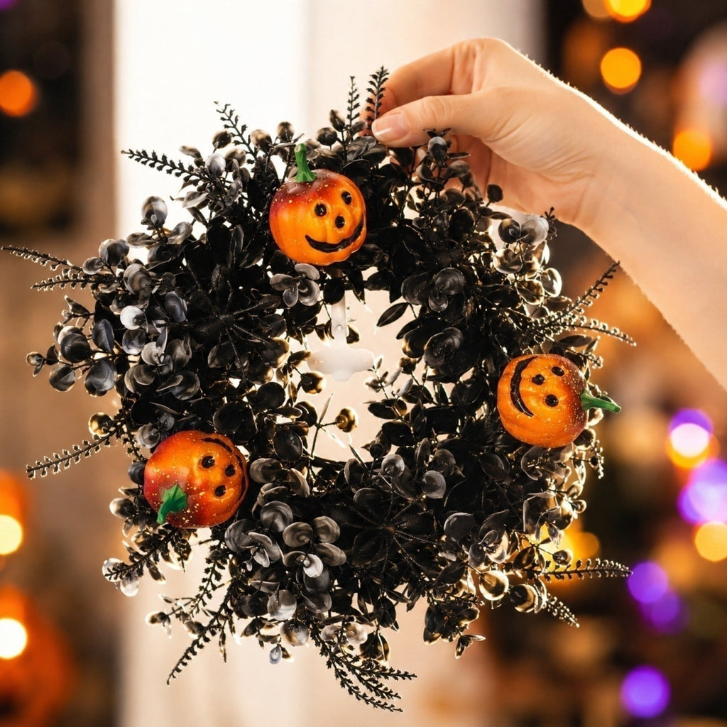12 Inch Black Eucalyptus Halloween Wreath, Artificial Floral Door Wreath with Pumpkin Cutouts for Front Porch Indoor Door Halloween Party Gothic Home Decor