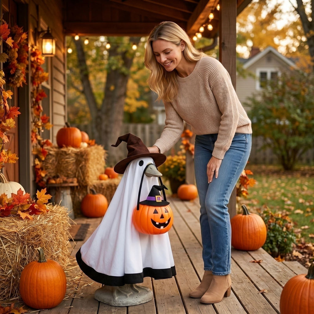 Halloween Garden Porch Decor, Porch Goose Outfits Halloween, 23 Inch Porch Goose Outfits, Witch Dress and Hat Set, Fits 23X11X26 Inch Standing Plush Goose for Front Porch Lawn