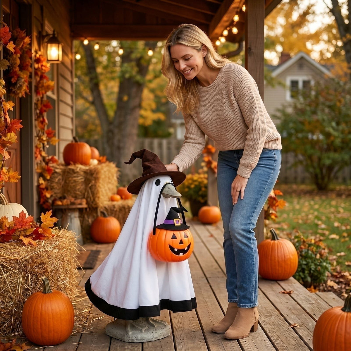Halloween Garden Porch Decor, Porch Goose Outfits Halloween, 23 Inch Porch Goose Outfits, Witch Dress and Hat Set, Fits 23X11X26 Inch Standing Plush Goose for Front Porch Lawn