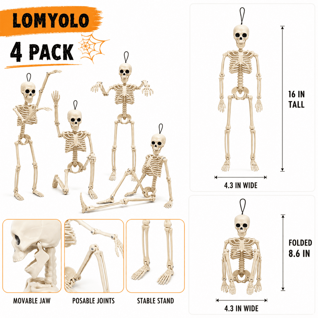 LOMYOLO 4 Pack Halloween Skeleton Decorations, 16 Inch Posable Hanging Skeletons with Movable Joints for Halloween Party, Haunted House, Graveyard, Yard, Porch, Indoor Outdoor Holiday Decorations