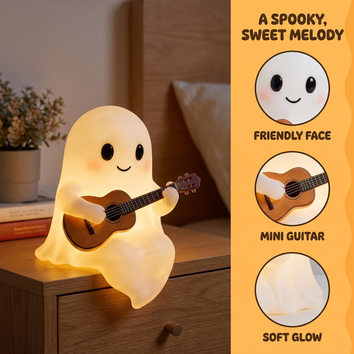 Halloween Ghost Night Light, Cute Ghost Playing The Guitar Lamp, Ghost Warm Lighted Figurine Lamps for Party Bedroom Study Room Home Dorm, Halloween Decor Indoor