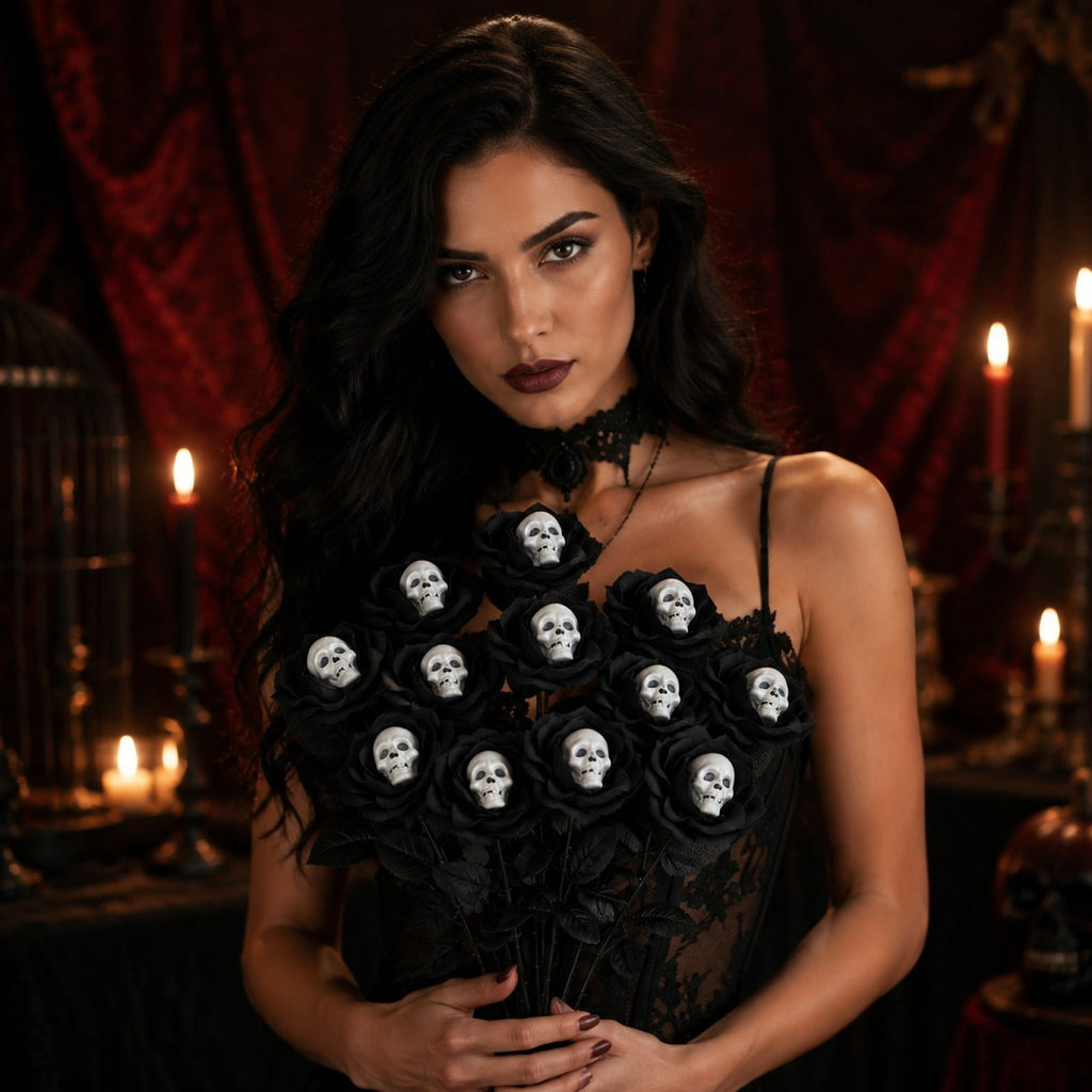 Halloween Artificial Rose Flower with Skull Head, Fake Silk Rose Bouquet, Red or Black Roses with Mini Skull