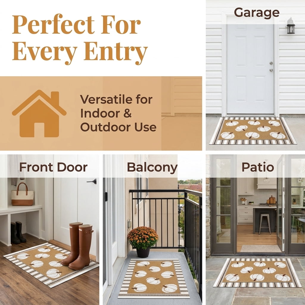 Fall Door Mat, Layered Pumpkin‑Pattern Porch Rug, Non‑Slip Neutral Autumn Welcome Mat, Indoor Outdoor Halloween Thanksgiving Decor