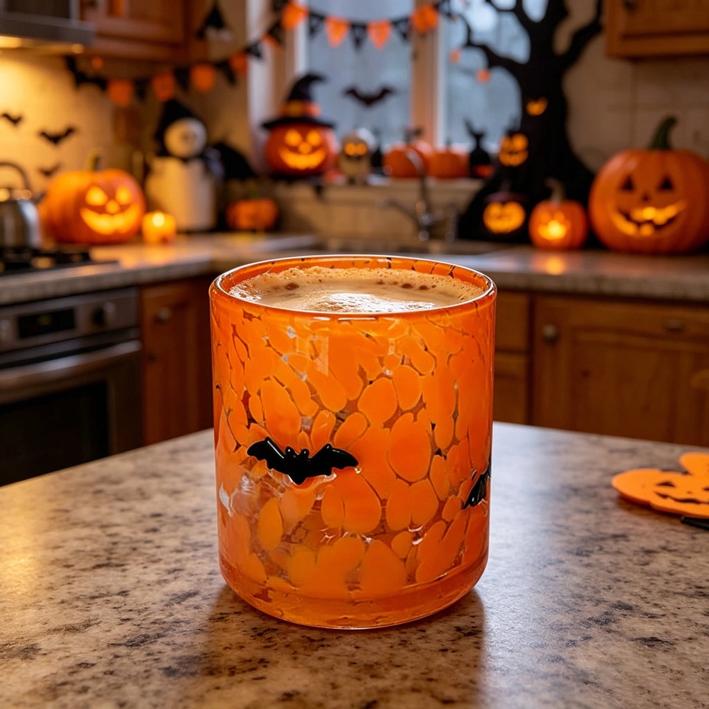 Qocolcyl Halloween Icon Glass Cups - 3.5x4.7in Ghost Bat Snake Pumpkin Icon Juice Stemless Wine Glasses Double Old Fashioned Hand Blown Drinking Cups for Halloween Party Gift