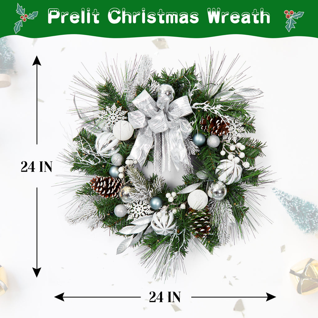 JoanKaren 24 inch Large Christmas Wreath Silver White with 20 LED Lights,Prelit Xmas Wreath w/ Ball Ornaments Pine Cone