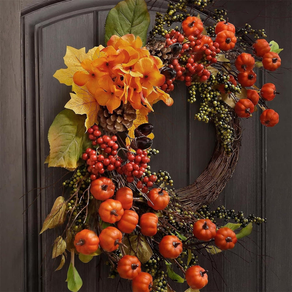 Autumn Wreath 14 Inch Fall Decor for Home Front Door with Artificial Maple Leaf Pumpkin Berry Pinecone Harvest Thanksgiving Halloween Farmhouse Seasonal Decorations Indoor Outdoor,