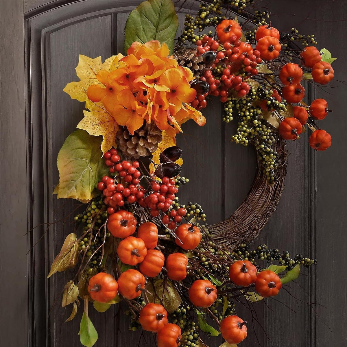 Autumn Wreath 14 Inch Fall Decor for Home Front Door with Artificial Maple Leaf Pumpkin Berry Pinecone Harvest Thanksgiving Halloween Farmhouse Seasonal Decorations Indoor Outdoor,